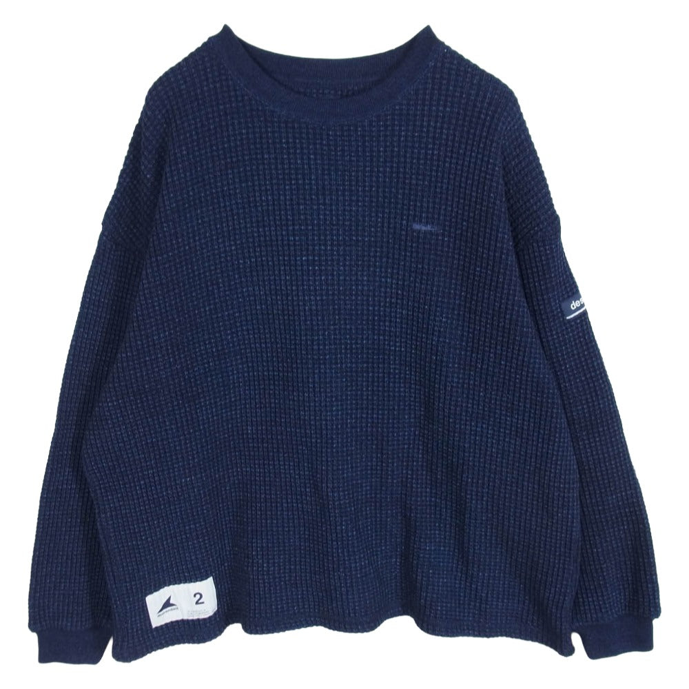 DESCENDANT ディセンダント 22AW GAUFRE WAFFLE LS ロゴ 刺繍 ゴーフル ワッフル クルーネック ニット セーター ネイビー系 2【中古】