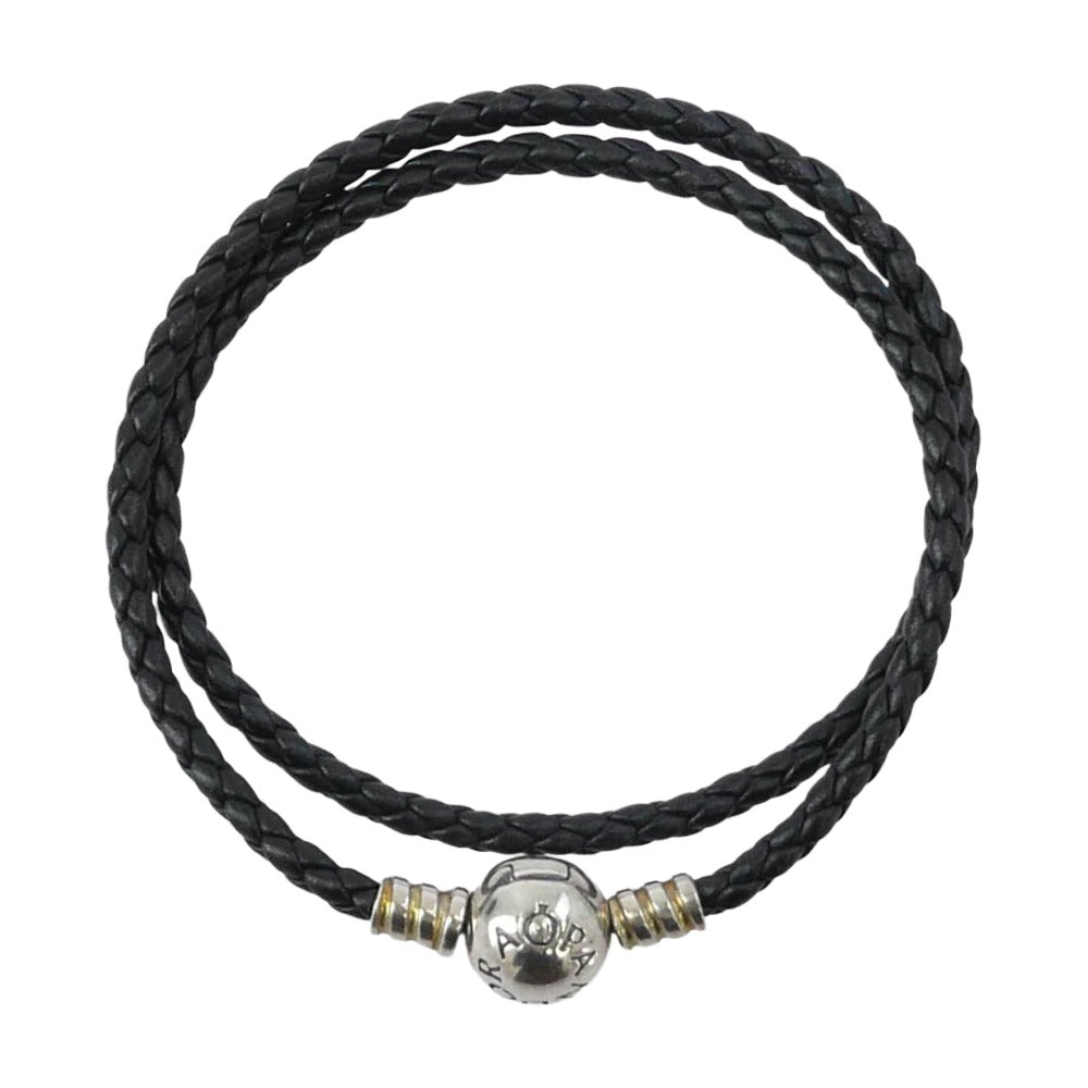 PANDORA パンドラ SV925 ビーズ レザー 編み込み ブレスレット ブラック系【中古】