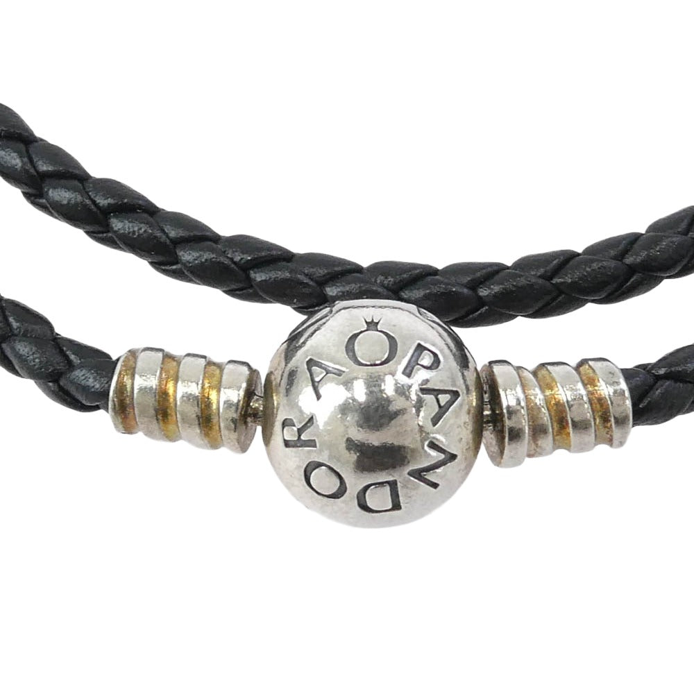 PANDORA パンドラ SV925 ビーズ レザー 編み込み ブレスレット ブラック系【中古】