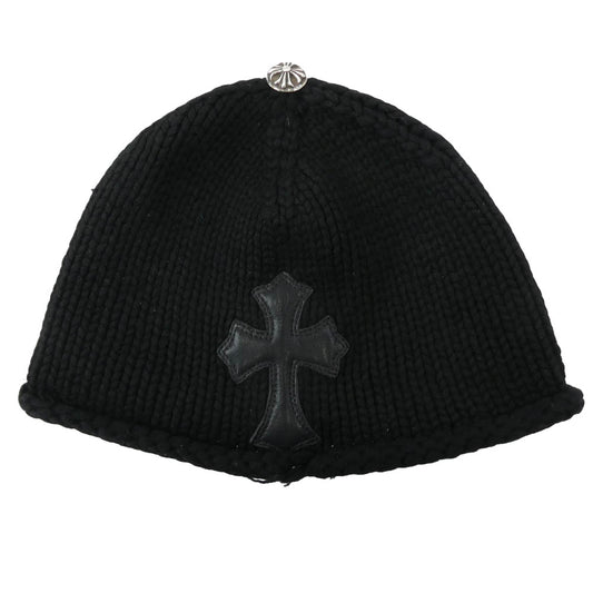 CHROME HEARTS クロムハーツ（原本無） BEANIE CASH レザークロスパッチ カシミヤ ニット帽 キャップ ブラック系【中古】