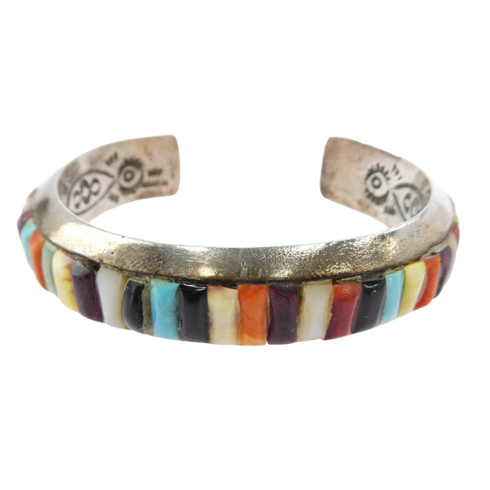 RAY ADAKAI レイアダカイ インディアンジュエリー NAVAJO ナバホ族 multi inlay bangle マルチカラーインレイ スタンプワークバングル 作者刻印有 シルバー系 マルチカラー系【中古】