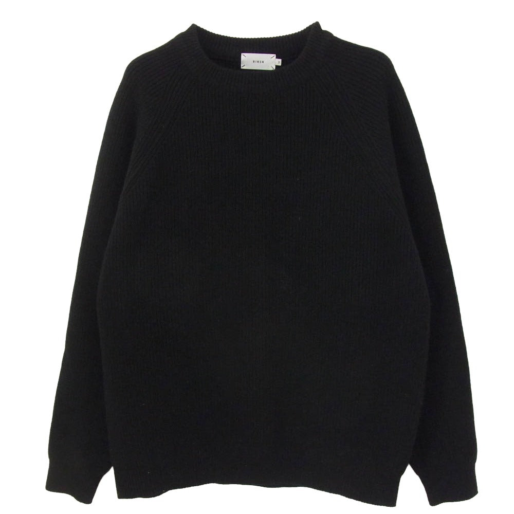 リネン RINEN 2/14 ウール アゼ編み リネン ラグランスリーブ クルーネック ニット ブラック系 3【中古】