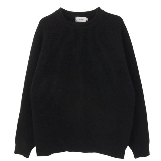 リネン RINEN 2/14 ウール アゼ編み リネン ラグランスリーブ クルーネック ニット ブラック系 3【中古】