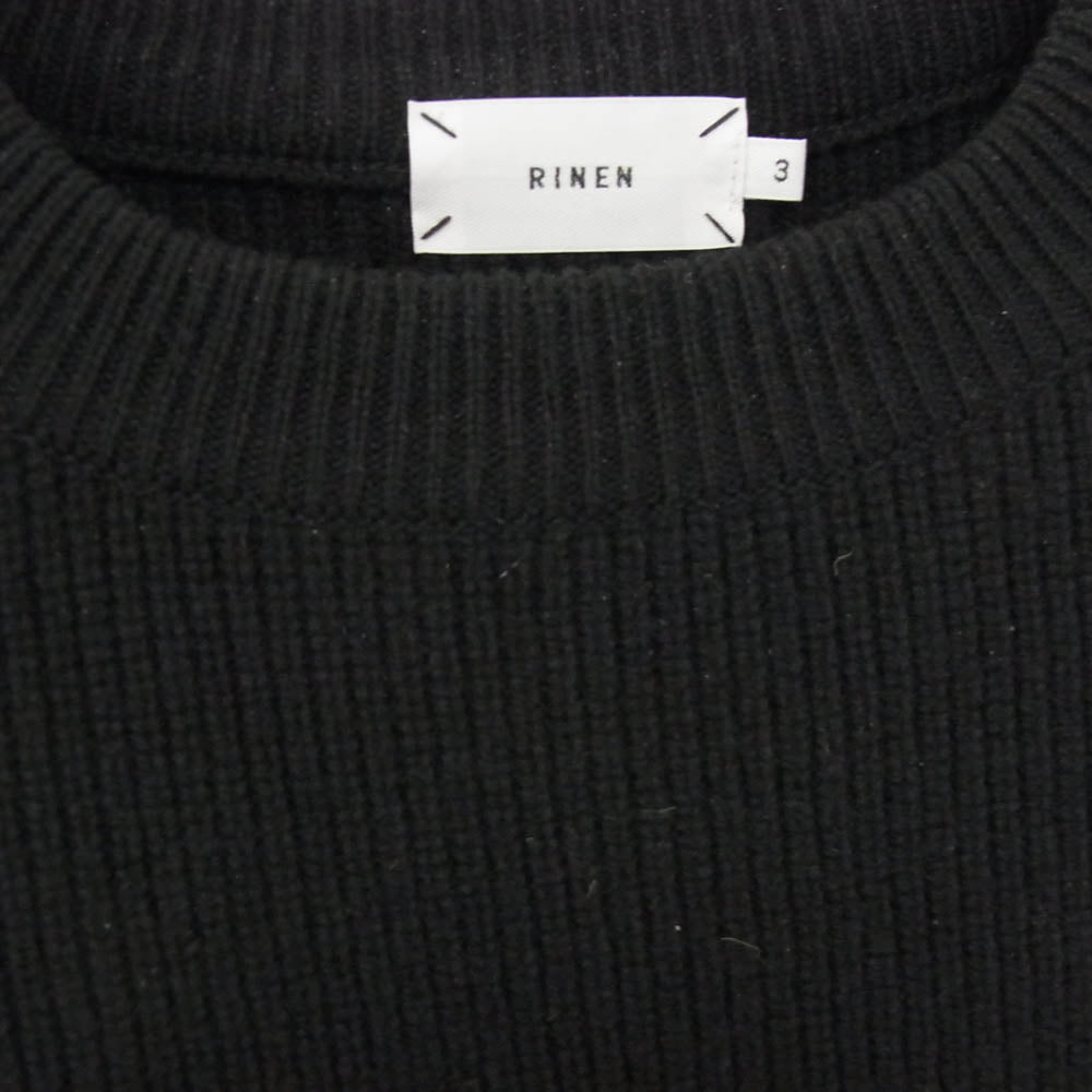 リネン RINEN 2/14 ウール アゼ編み リネン ラグランスリーブ クルーネック ニット ブラック系 3【中古】