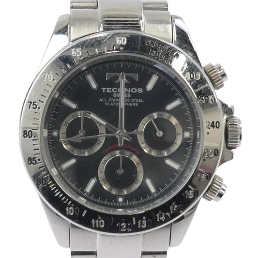 TECHNOS テクノス TGM615 クロノグラフ 黒文字盤 ステンレス製 クォーツ 腕時計 シルバー系【中古】