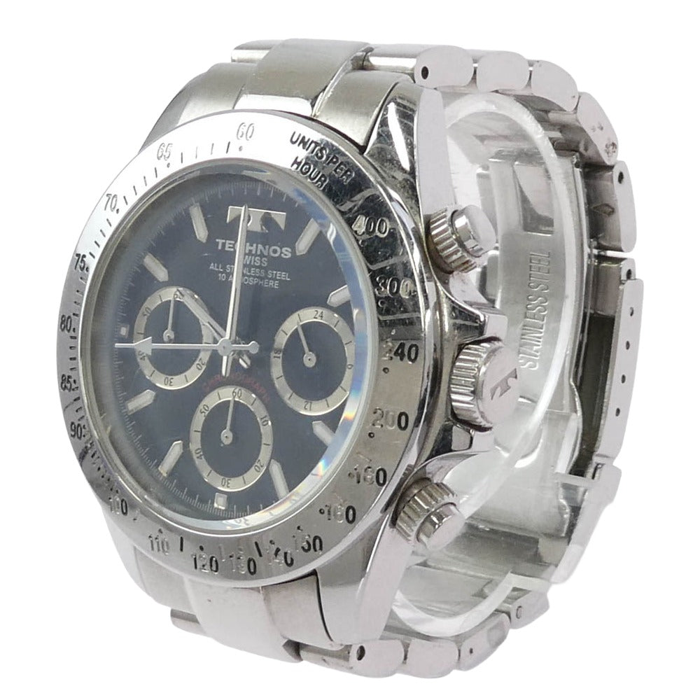 TECHNOS テクノス TGM615 クロノグラフ 黒文字盤 ステンレス製 クォーツ 腕時計 シルバー系【中古】