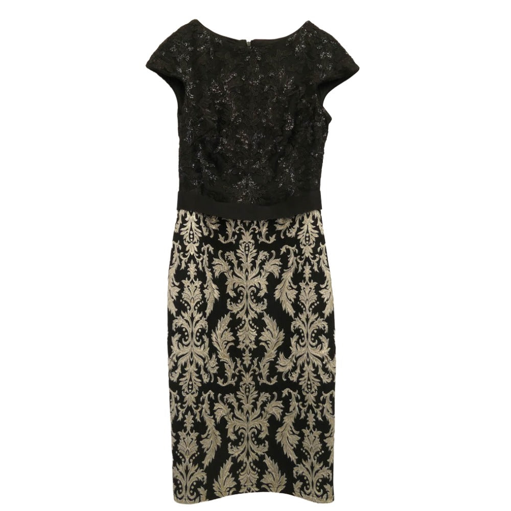 TADASHI SHOJI タダシショージ フレンチスリーブ スパンコール ジャカード タイトドレス ブラック系 ゴールド系 2【美品】【中古】