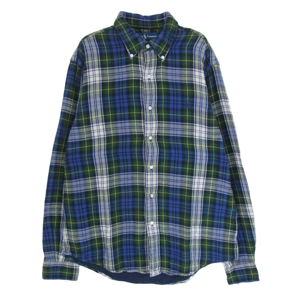 RALPH LAUREN ラルフローレン 90s POLO ポロ ダブルガーゼ ボタンダウン チェック 長袖シャツ ブルー系 M【中古】