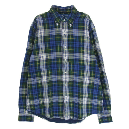RALPH LAUREN ラルフローレン 90s POLO ポロ ダブルガーゼ ボタンダウン チェック 長袖シャツ ブルー系 M【中古】