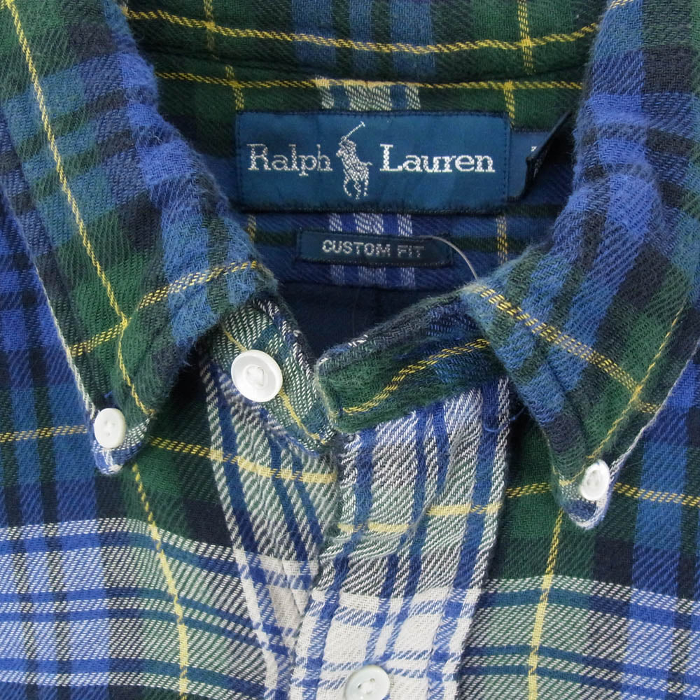 RALPH LAUREN ラルフローレン 90s POLO ポロ ダブルガーゼ ボタンダウン チェック 長袖シャツ ブルー系 M【中古】