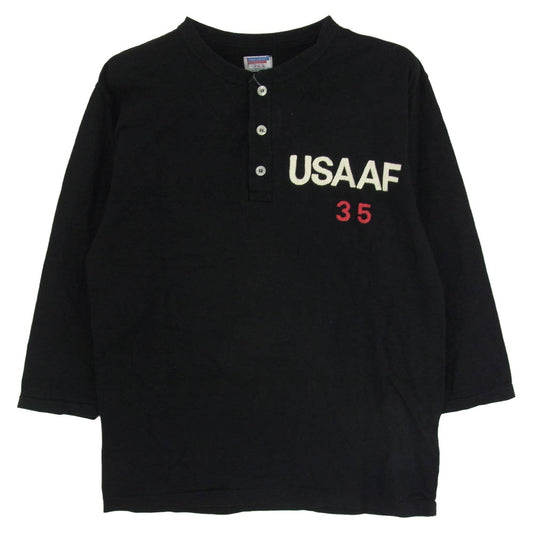 WAREHOUSE ウエアハウス USAAF プリント 七分袖 ヘンリー カットソー ブラック系 S【中古】