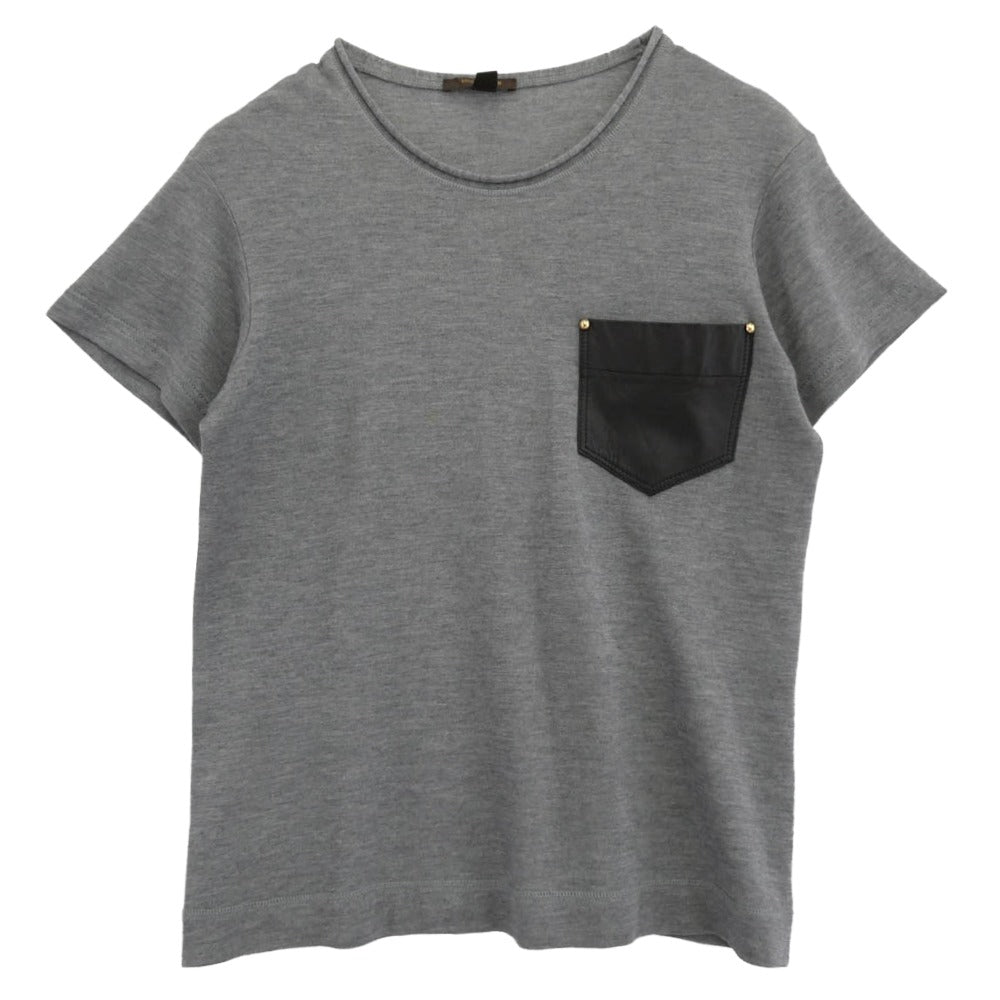 LOUIS VUITTON ルイ・ヴィトン レザーポケット カシミヤ シルク混 半袖 ニット Tシャツ カットソー グレー系 L【中古】