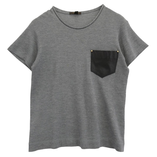 LOUIS VUITTON ルイ・ヴィトン レザーポケット カシミヤ シルク混 半袖 ニット Tシャツ カットソー グレー系 L【中古】