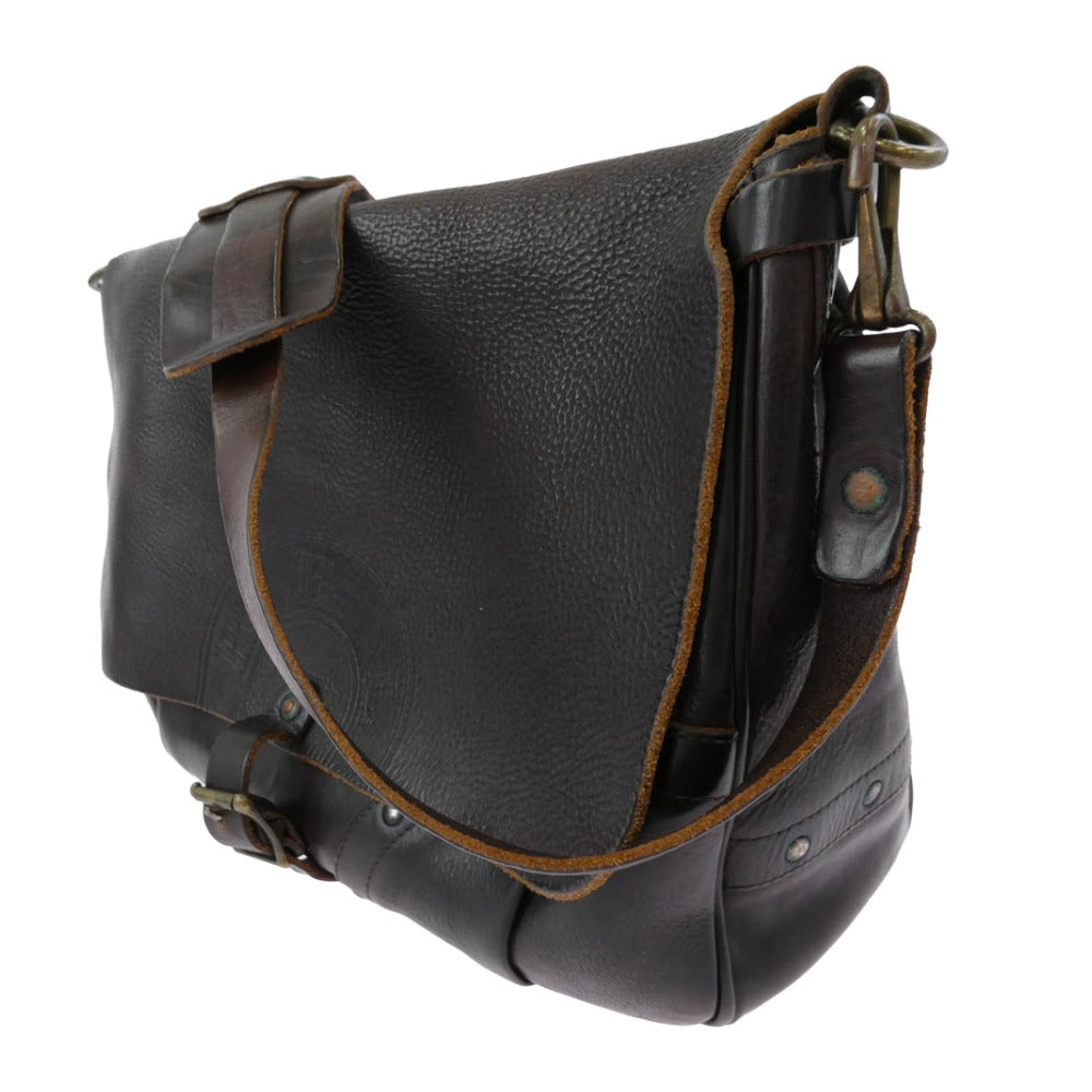 RRL ダブルアールエル Tumbled Leather Messenger Bag イタリア製 ヴィンテージ加工 オールレザー メッセンジャー バッグ ダークブラウン系【中古】