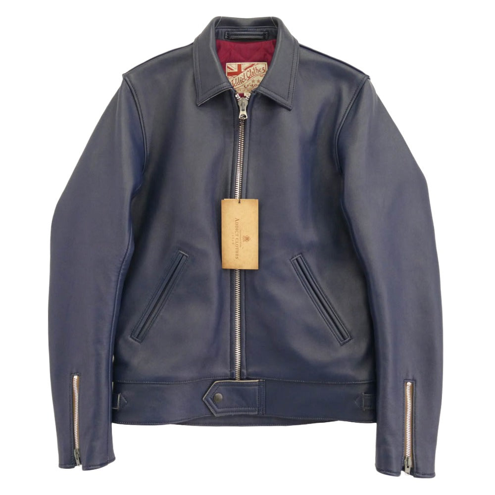 ADDICT CLOTHES アディクトクローズ AD-01 CENTER-ZIP JACKET SHEEP シープスキン シングル ライダース ジャケット ブルー系 36【新古品】【未使用】【中古】
