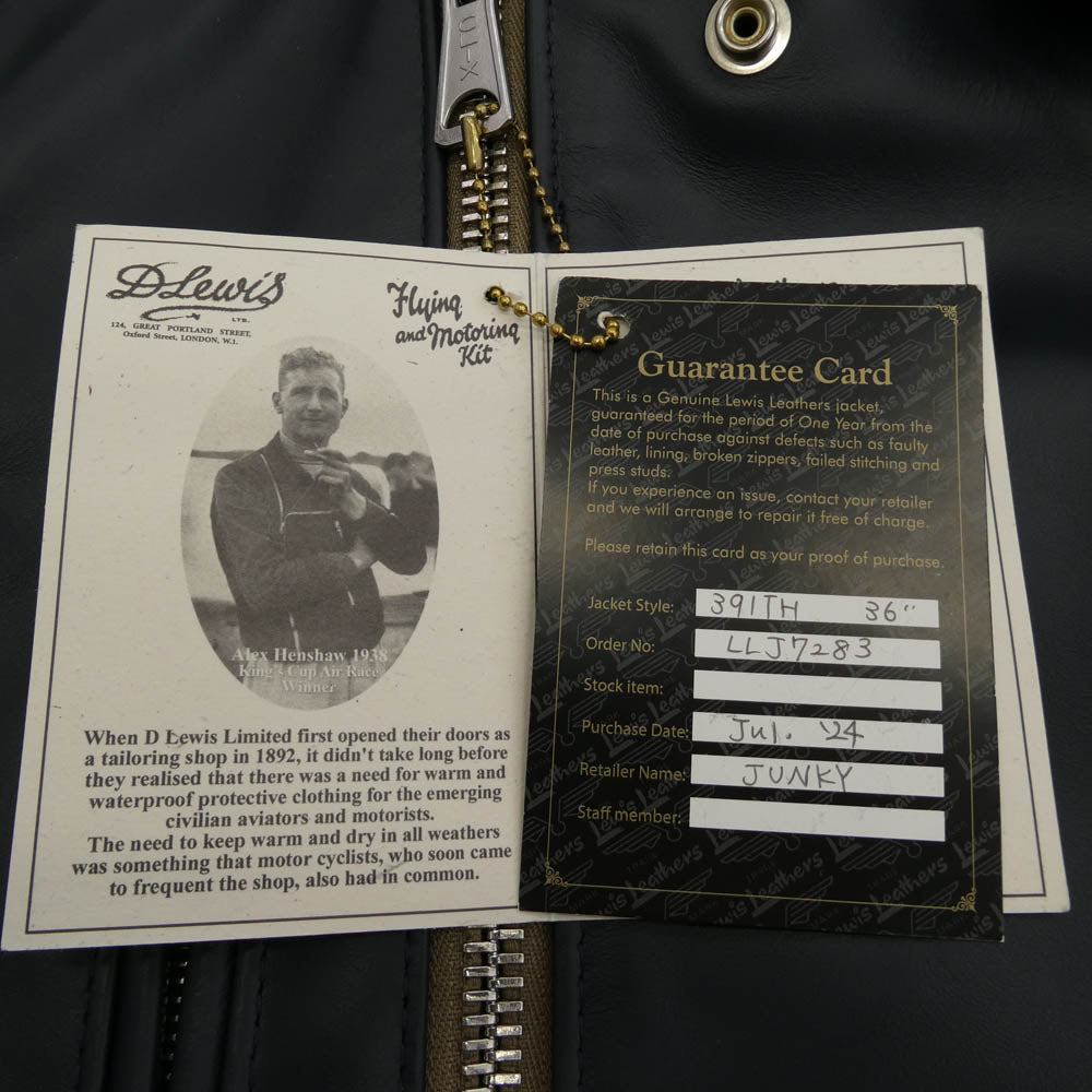 Lewis Leathers ルイスレザー 391TH LIGHTNINGTIGHT FIT HORSE HIDE NAVY ライトニング タイトフィット ホースハイド ベージュテープ ライダース ジャケット ネイビー ネイビー系 36【美品】【中古】