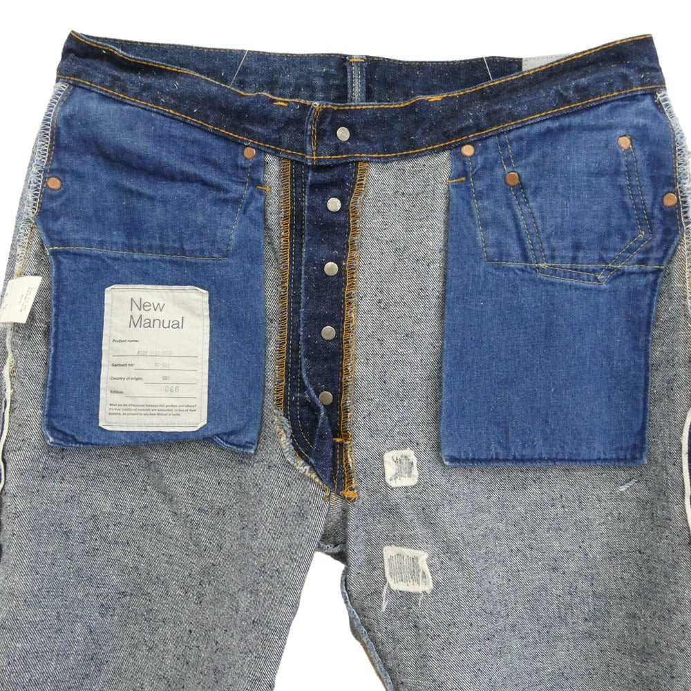 New Manual ニューマニュアル NM-No.1 #028 LV 66 JEANS 100 Limited ダメージ エイジング 加工 デニム パンツ インディゴブルー系 33【美品】【中古】