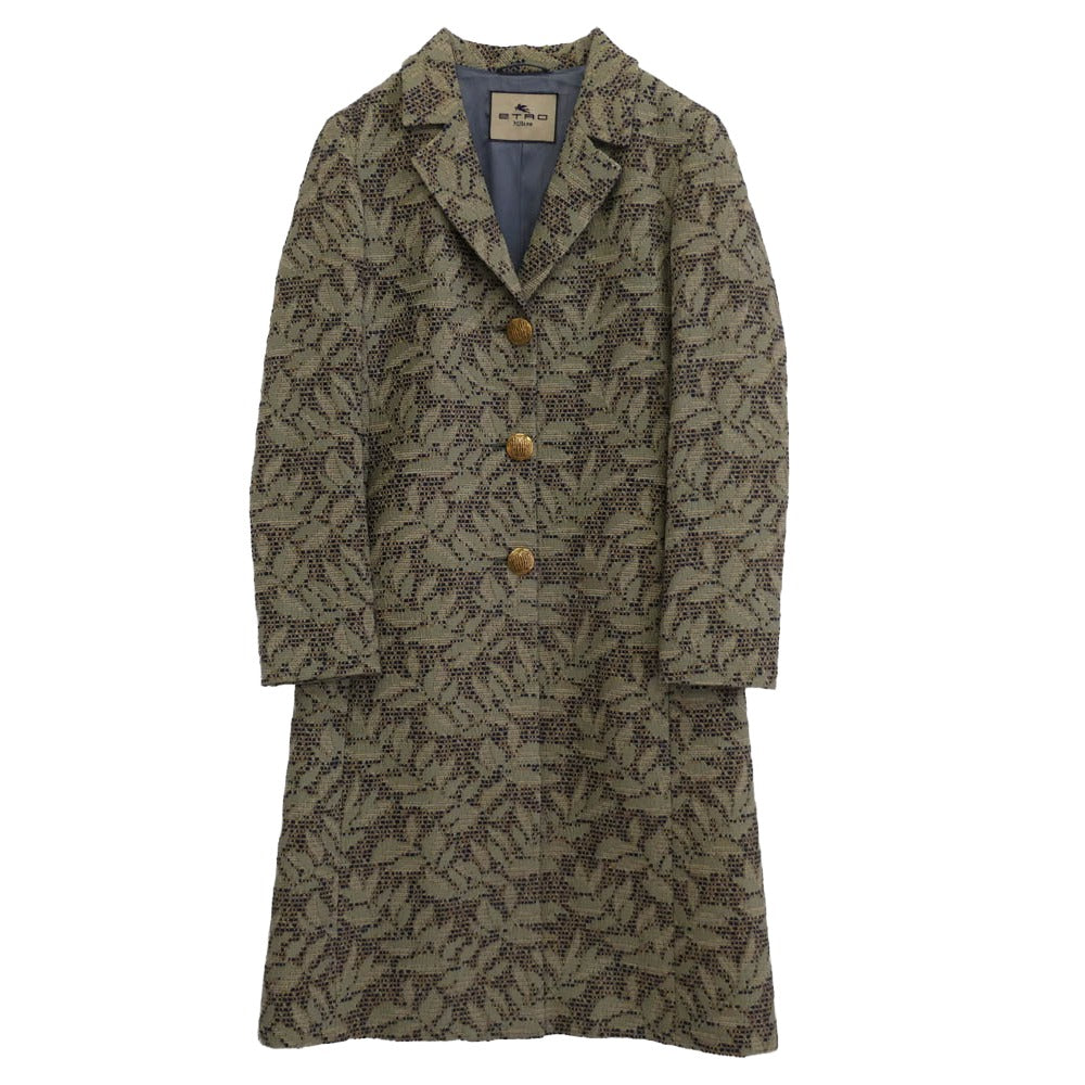 ETRO エトロ イタリア製 シルク混 金釦 リーフ総柄 ロングコート チェスターコート マルチカラー系 3【中古】