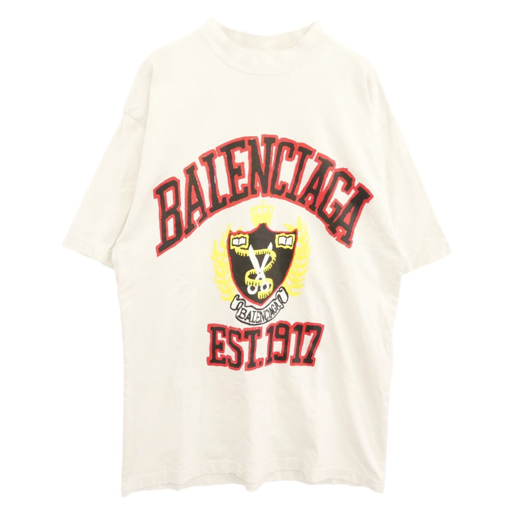 BALENCIAGA バレンシアガ 23SS 739784 TOVK1 ミディアムフィット カレッジロゴ プリント ダメージ加工 半袖 Tシャツ カットソー ホワイト系 XXS【中古】