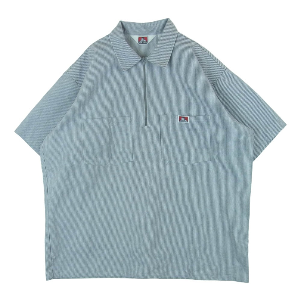 BEN DAVIS ベンデイビス ヒッコリー ストライプ ハーフジップ 半袖 シャツ ネイビー系 ホワイト系 XL【中古】