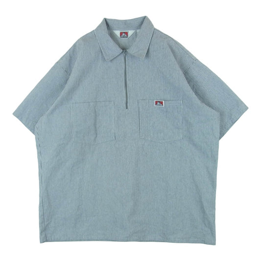 BEN DAVIS ベンデイビス ヒッコリー ストライプ ハーフジップ 半袖 シャツ ネイビー系 ホワイト系 XL【中古】