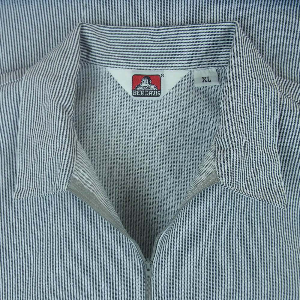 BEN DAVIS ベンデイビス ヒッコリー ストライプ ハーフジップ 半袖 シャツ ネイビー系 ホワイト系 XL【中古】
