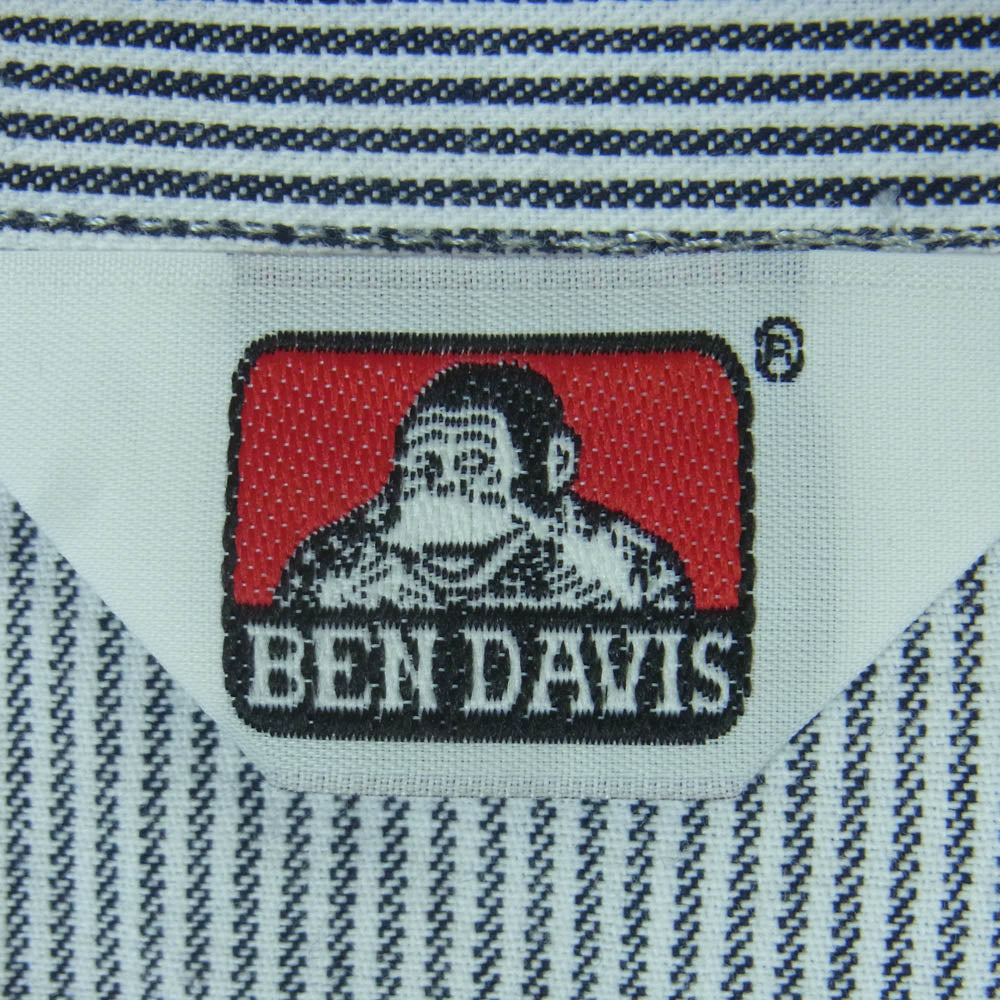 BEN DAVIS ベンデイビス ヒッコリー ストライプ ハーフジップ 半袖 シャツ ネイビー系 ホワイト系 XL【中古】