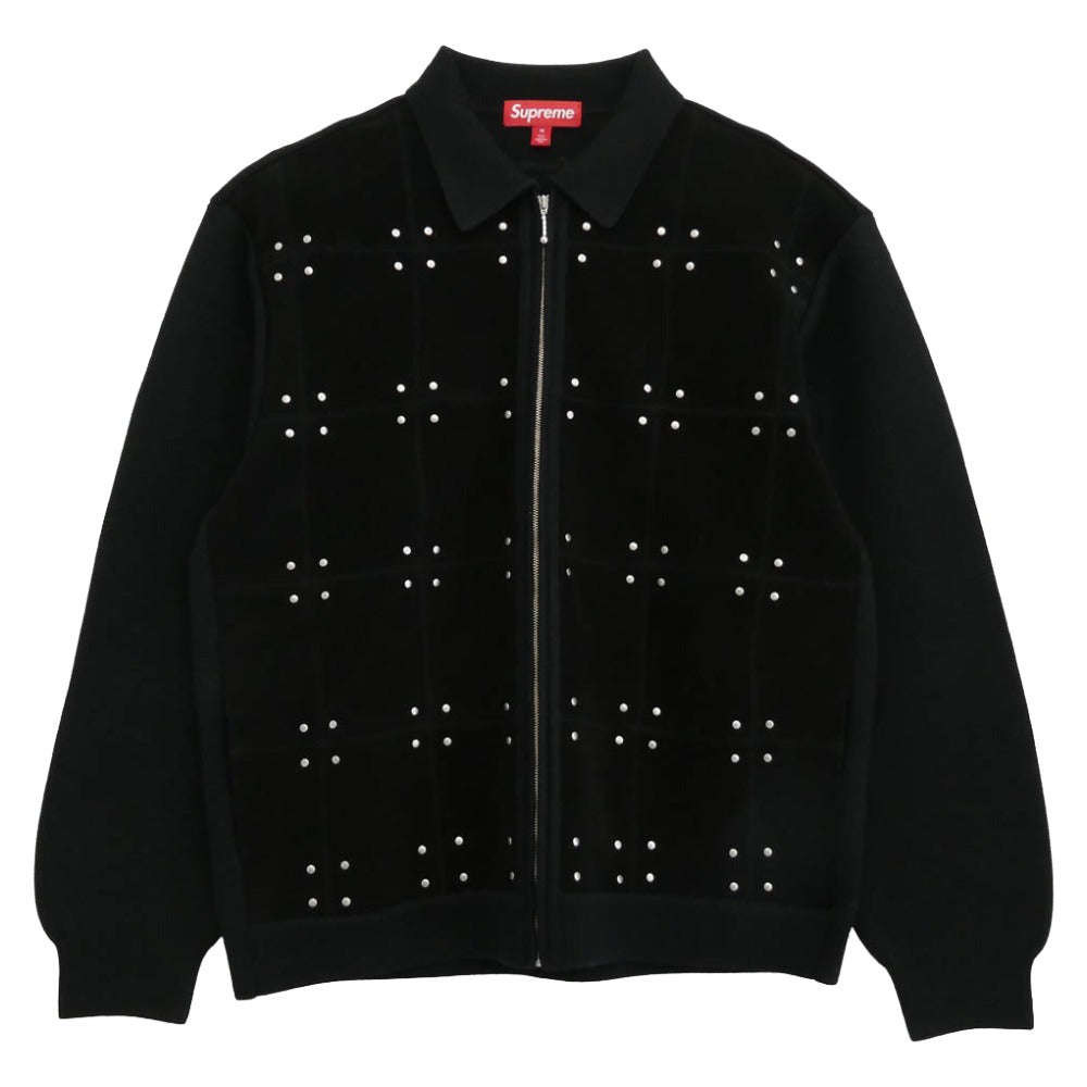 Supreme シュプリーム 25AW Studded Suede Zip Up Cardigan スタッズ スエードレザー ジップアップ カーディガン ニットジャケット ブラック系 M【極上美品】【中古】