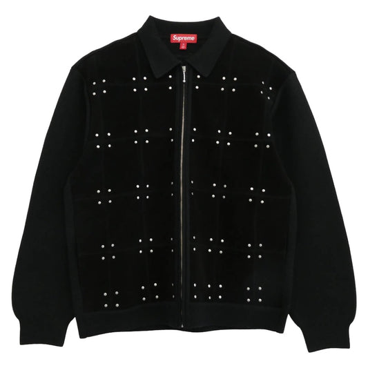 Supreme シュプリーム 25AW Studded Suede Zip Up Cardigan スタッズ スエードレザー ジップアップ カーディガン ニットジャケット ブラック系 M【極上美品】【中古】
