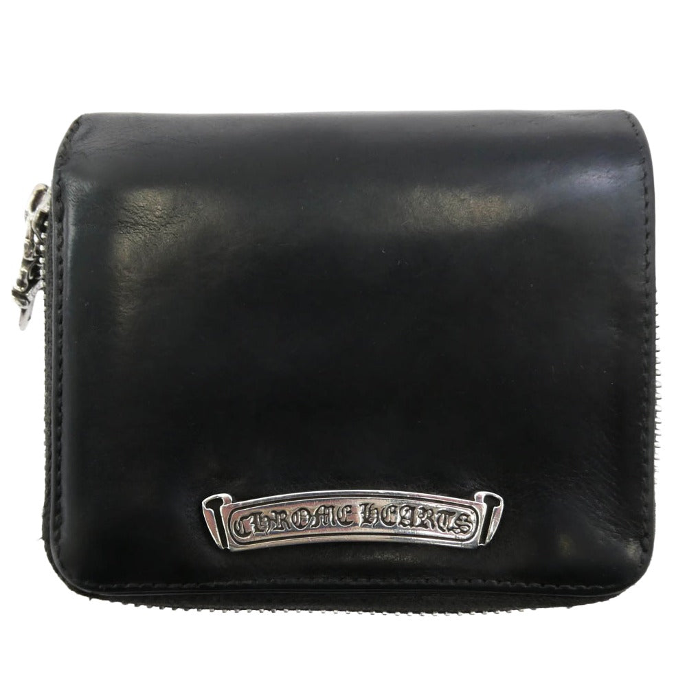 CHROME HEARTS クロムハーツ（原本無） SQ ZIP BILL スクエアジップビル ラウンド ジップ レザー ウォレット 財布 ブラック系【中古】