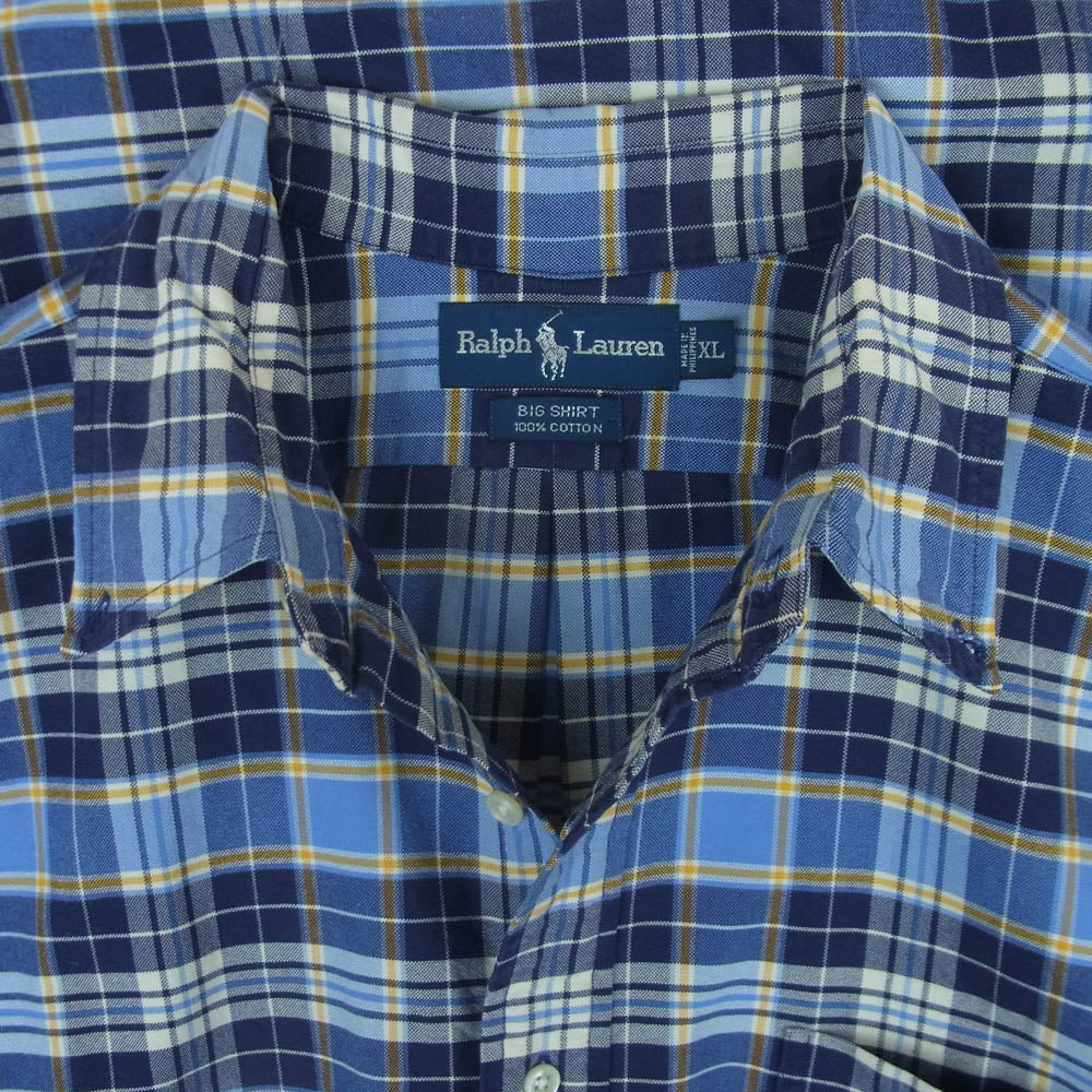 RALPH LAUREN ラルフローレン BIG SHIRT ビッグ 長袖 チェック シャツ ブルー系 ライトブルー系 XL【中古】