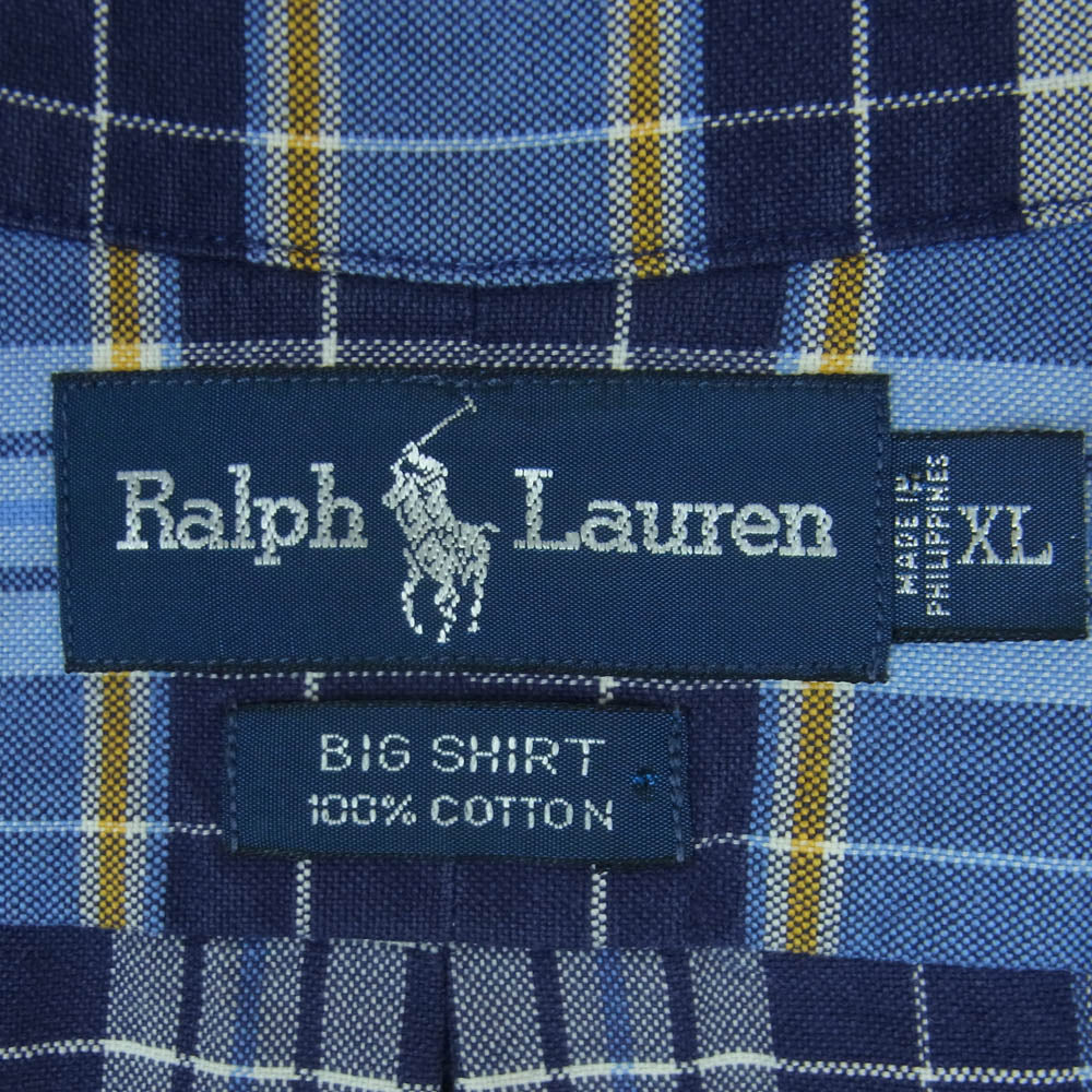 RALPH LAUREN ラルフローレン BIG SHIRT ビッグ 長袖 チェック シャツ ブルー系 ライトブルー系 XL【中古】