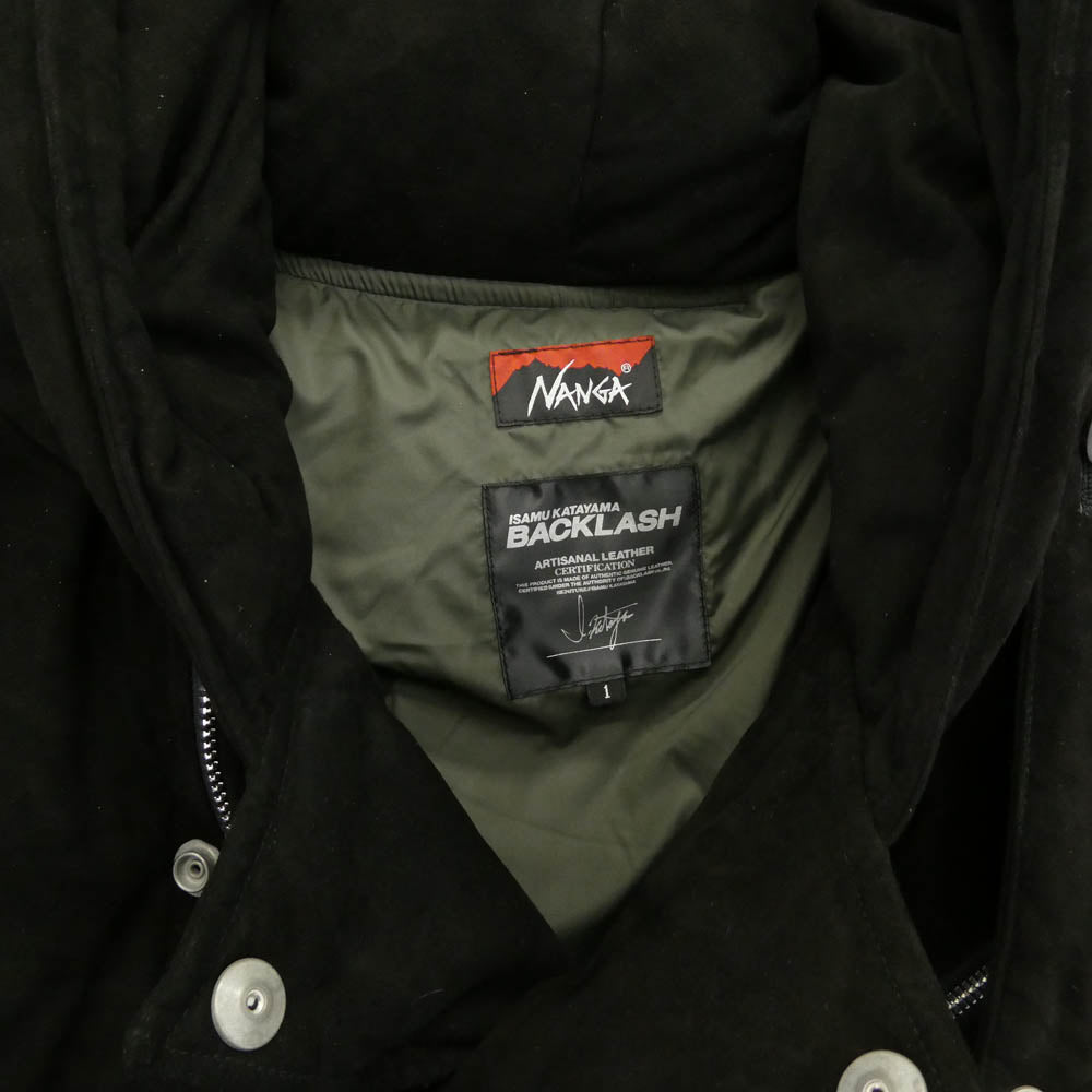 ISAMUKATAYAMA BACKLASH イサムカタヤマバックラッシュ NA-2164-02 KANGAROO SUEDE POLISH WHITE GOOSE DOWN HOODED RIDERS JACKET カンガルー革 スエード ポリッシュ グースダウン フーデッド ライダース ジャケット ブラック系 S【美品】【中古】