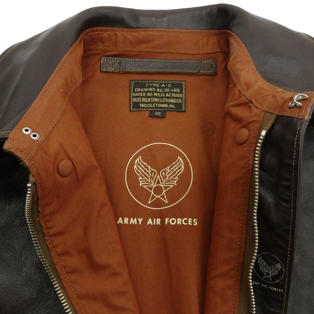 Buzz Rickson's バズリクソンズ BR80555 type A-2 ORDER No.W535 AC 16159 BUZZ RICKSON CLOTHING CO. SEMI-ANILINE FINISHED ホースハイド フライト ジャケット ダークブラウン系 40【中古】