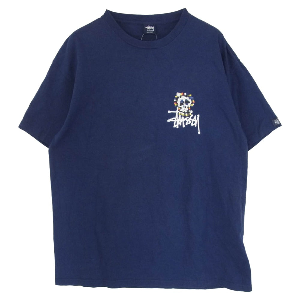 STUSSY ステューシー 90s 紺タグ USA製 オールド customade カスタメイド digi skull ドット スカル プリント Tシャツ ネイビー系 XL【中古】