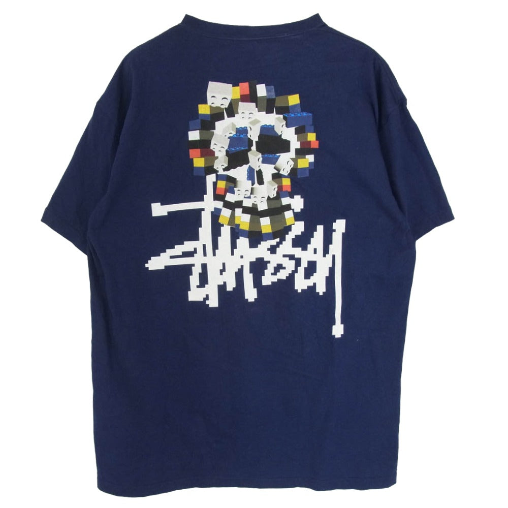 STUSSY ステューシー 90s 紺タグ USA製 オールド customade カスタメイド digi skull ドット スカル プリント Tシャツ ネイビー系 XL【中古】