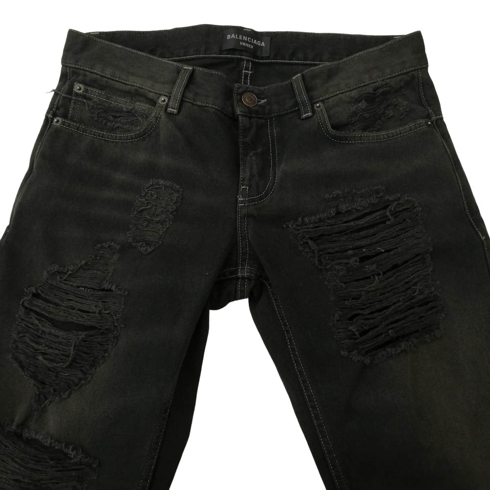 BALENCIAGA バレンシアガ 833430 TSW85 ダメージ クラッシュ デストロイ 加工 ローライズ ブラック デニム パンツ ブラック系 S【美品】【中古】