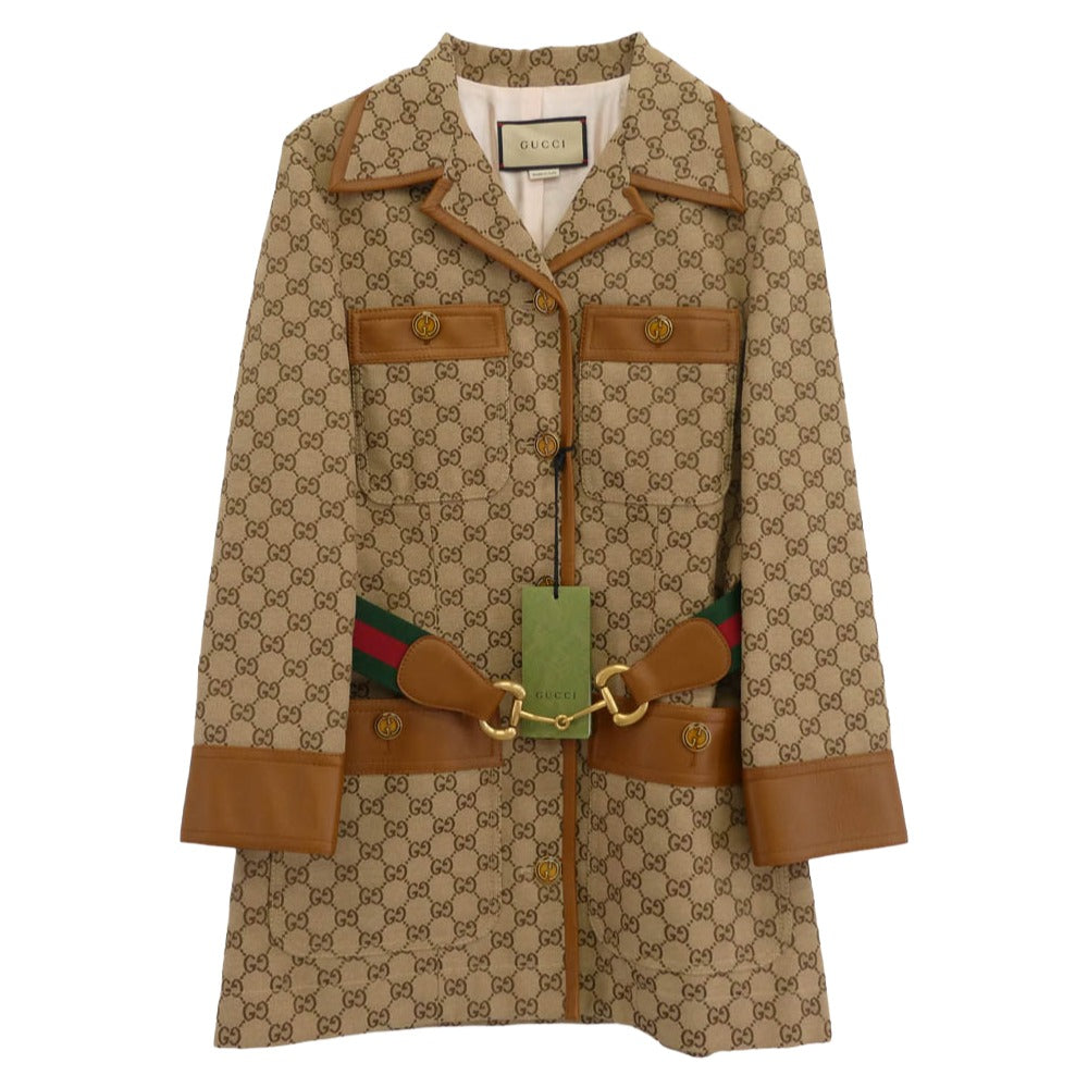 GUCCI グッチ GGキャンバス シェリーライン レザー ジャケット ライトブラウン系 マルチカラー系 40【新古品】【未使用】【中古】