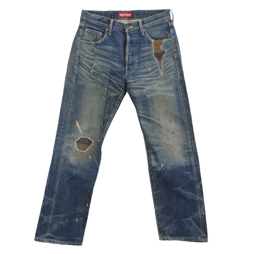 Supreme シュプリーム DCSP-PT-01 【フェイクバスターズ鑑定済】 × NEIGHBORHOOD ネイバーフッド SAVEGE DENIM BASIC STRAIGHT リペア加工 サベージ デニム パンツ ベーシックストリート インディゴブルー系 S【中古】
