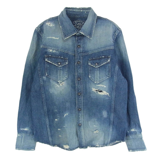 TMT ティーエムティー 17AW TSH-F1701 クラッシュ リペア加工 デニム ウエスタン 長袖 シャツ インディゴブルー系 L【中古】