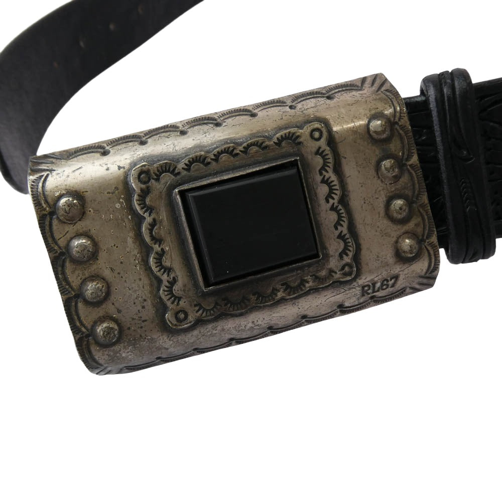 RALPH LAUREN ラルフローレン RL67 カービングレザー バックル ベルト ブラック系【中古】