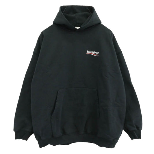 BALENCIAGA バレンシアガ 620947 TKVI9 Embroidered Political Campaign Large Fit Hoodie ダメージ加工 キャンペーン ロゴ プルオーバー フーディー パーカー ブラック系 XS【極上美品】【中古】