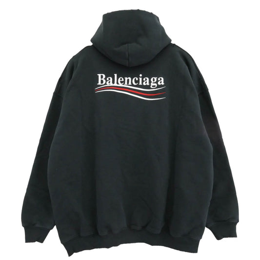 BALENCIAGA バレンシアガ 620947 TKVI9 Embroidered Political Campaign Large Fit Hoodie ダメージ加工 キャンペーン ロゴ プルオーバー フーディー パーカー ブラック系 XS【極上美品】【中古】