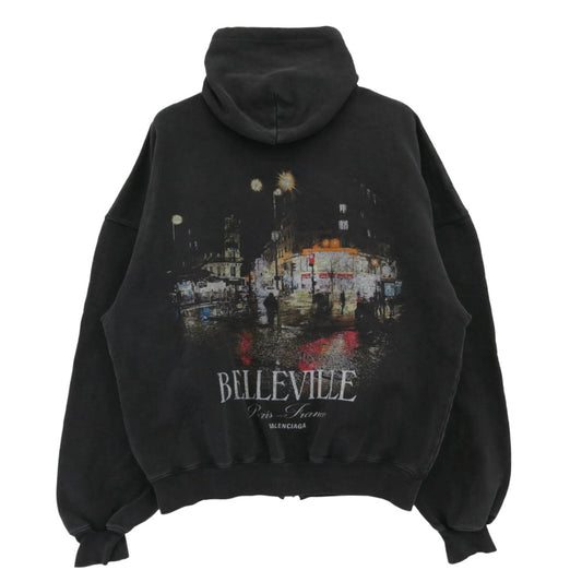 BALENCIAGA バレンシアガ 826148 TSVI8 Belleville Hoodie バック プリント ダブルジップ ジップアップ フーディ パーカー ブラック系 2【極上美品】【中古】
