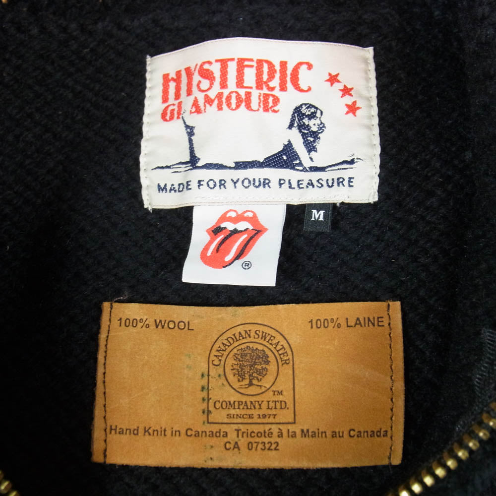 HYSTERIC GLAMOUR ヒステリックグラマー 0223ND01 CANADIAN SWEATER カナディアンセーター ROLLING STONES TANG ローリングストーンズ タン 編込 カウチン ニット ジップアップ ジャケット ブラック系 M【中古】