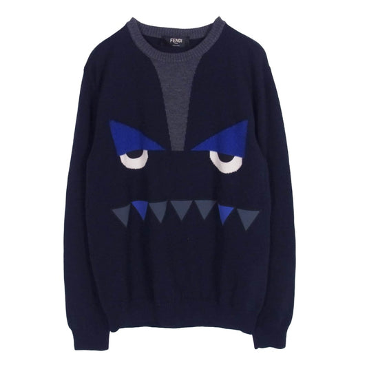 FENDI フェンディ バッグバグズ ウール ハイゲージ ニット セーター ネイビー系 48【中古】