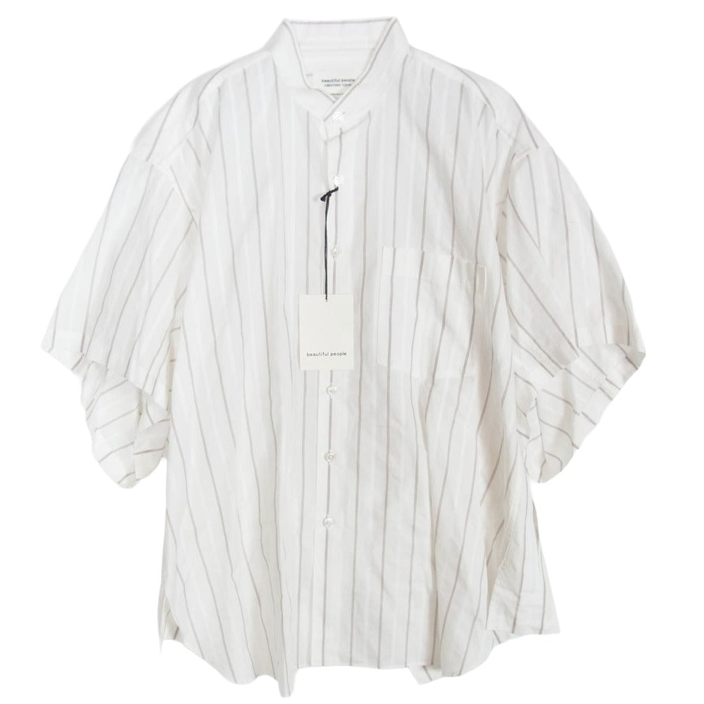 beautiful people ビューティフルピープル double-end cotton silk JQ stripe shirt ダブルエンド コットンシルク ジャカード ストライプ 半袖 シャツ ホワイト系 36【極上美品】【中古】