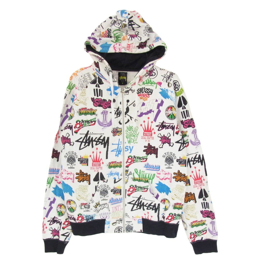 STUSSY ステューシー ロゴプリント総柄 フルジップ パーカー フーディー ホワイト系 M【中古】