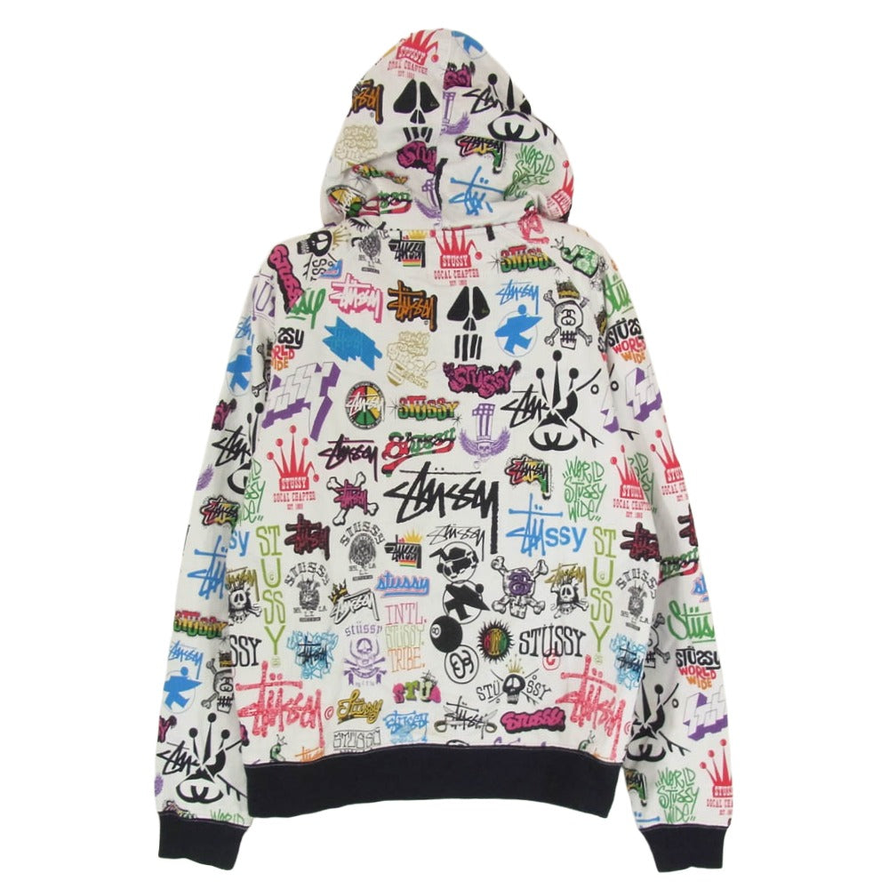 STUSSY ステューシー ロゴプリント総柄 フルジップ パーカー フーディー ホワイト系 M【中古】