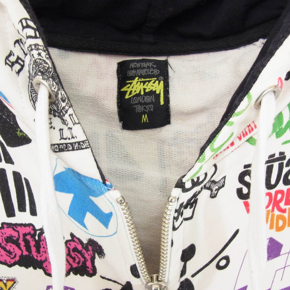 STUSSY ステューシー ロゴプリント総柄 フルジップ パーカー フーディー ホワイト系 M【中古】